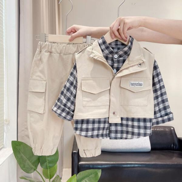 男の子セットアップ 上下3点セット チェック柄 無地ベスト 2色展開 スポーツ 春秋服 トップス 長...