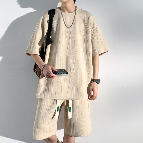 セットアップ メンズ　上下セット ワッフル生地  接触冷感 ジャージ 上下 重ね着風 リラックスウェ...