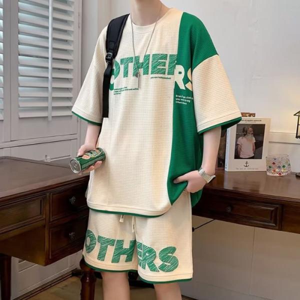 セットアップ メンズ　上下セット ワッフル生地 接触冷感 ジャージ 上下 重ね着風 リラックスウェア...