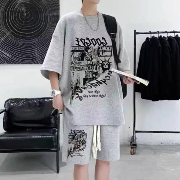 セットアップ メンズ　上下セット ワッフル生地  接触冷感 ジャージ 上下 重ね着風 リラックスウェ...