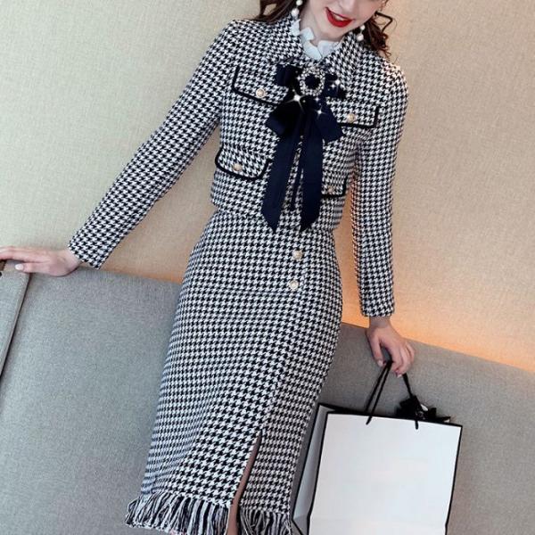 レディーススーツ上下2点セット 長袖 スカート 母親 大きめリボン付き かわいい フォーマル卒園 式...