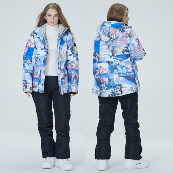 男女兼用スキーウェア上下セット 暖かめな帽子付きジャケット+パンツ レジャー スポート ス ノー ボ...