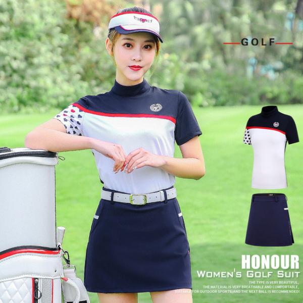 ゴルフ レディース ポロシャツ スカート セットアップ 半袖 スポーツウェア ゴルフウェア シャツ ...