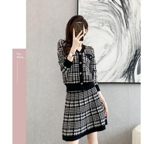 レディースニットセットアップ トップス+Aラインスカート 2点セット 黒・赤 カジュアル系 春秋冬用...