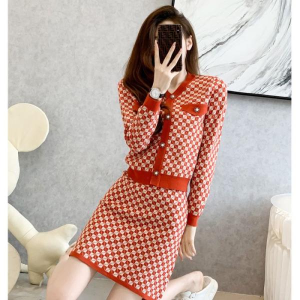 レディースニットセットアップ チェック柄 トップス+Aラインスカート 2点セット オレンジレッド カ...