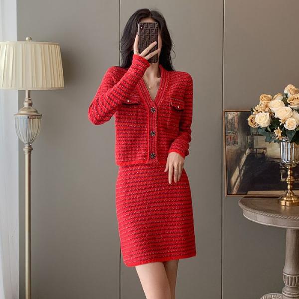 レディースセーターセットアップ Vネック トップス+Aラインスカート 2点セッ ト レッド カジュア...