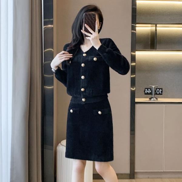 レディースセットアップ Vネック トップス+Aラインスカート 2点セット カジュアル系 ふ わふわ　...