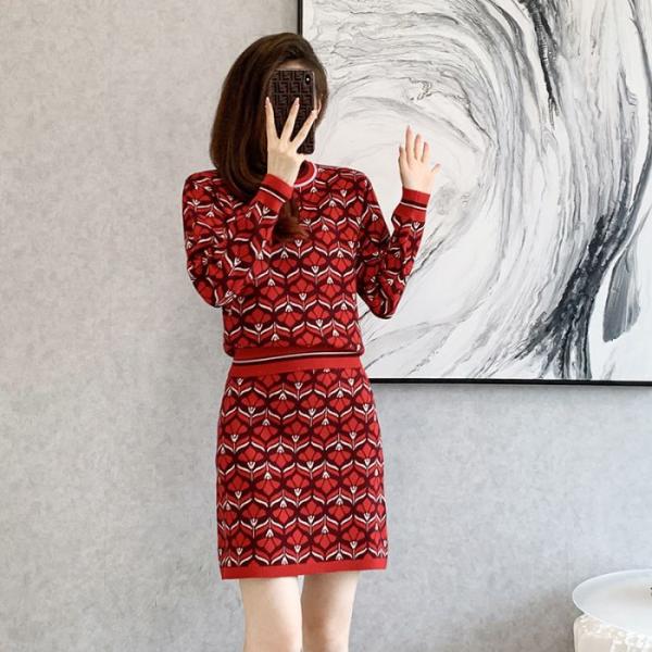 レディースセーターセットアップ  チェック柄トップス+Aラインスカート 2点セット韓国風 カジュアル...