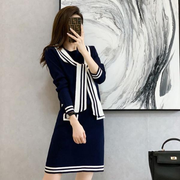 レディースニットセットアップ トップス+Aラインスカート 2点セット 学院風 カジュアル系 春秋冬用...