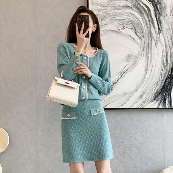 レディースニットセットアップ 円襟 トップス+Aラインスカート 2点セット フランス風 カジュアル系...