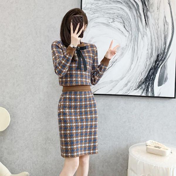 レディースニットセットアップ チェック柄 トップス+Aラインスカート 2点セット 大きめなリボン か...
