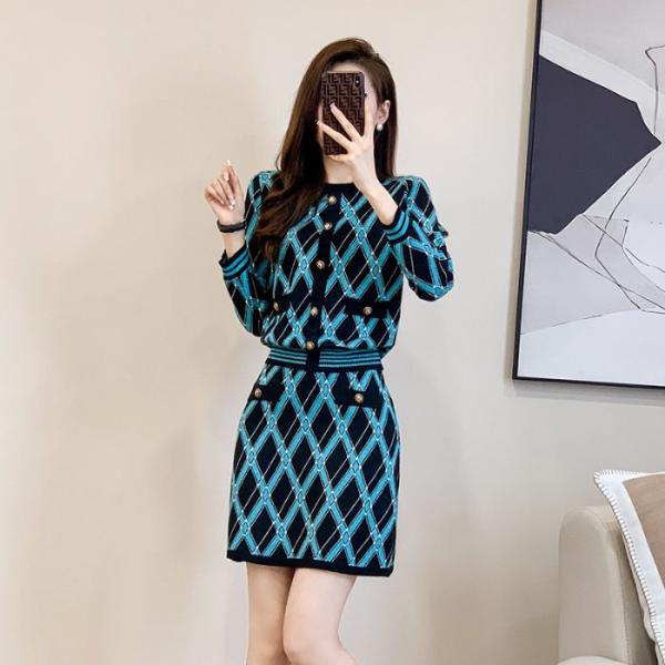 レディースニットセットアップ 菱柄トップス+Aラインスカート 2点セット ノルディックデザイン カジ...
