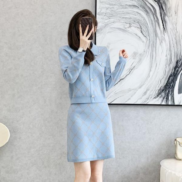 レディースニットセットアップ  菱柄トップス+Aラインスカート 2点セッ ト ノルディックデザイン ...