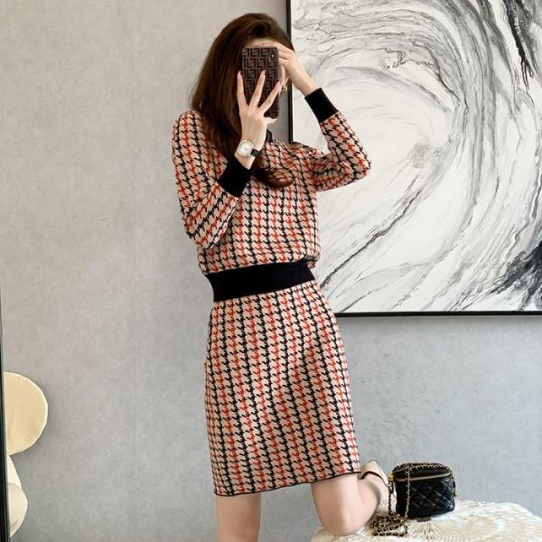 レディースニットセットアップ チェック柄 トップス+タイトスカート 2点セット  カジュアル系 春秋...