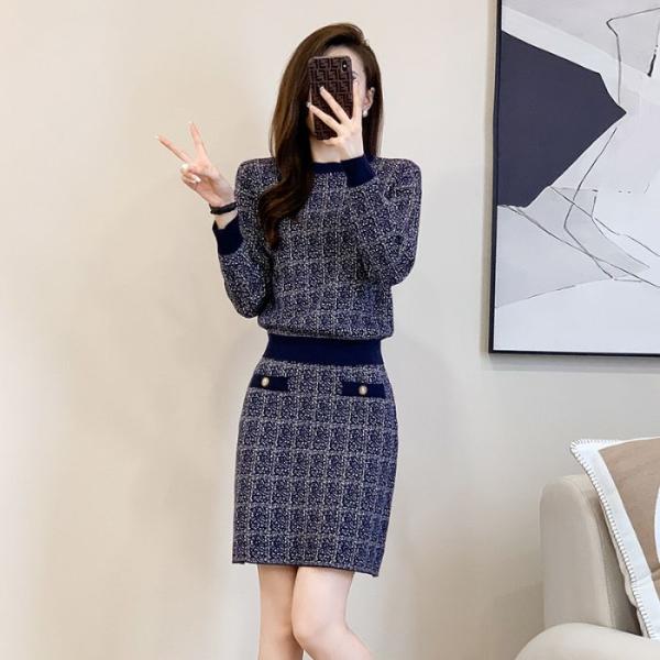 レディースニットセットアップ ネイビー トップス+タイトスカート 2点セット 痩せ見え　カジュアル系...