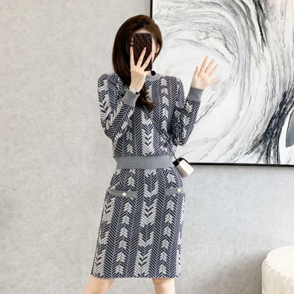 レディースニットセットアップ グレー トップス+タイトスカート 2点セット 痩せ見え　カジュアル系 ...