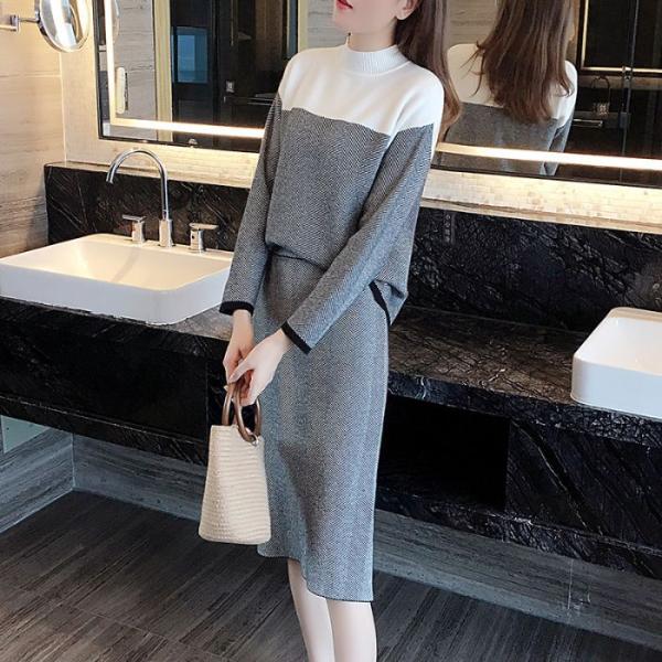 レディースニットセットアップ  トップス+スカート 2点セット シンプルなデザイン 穏やか カジュア...