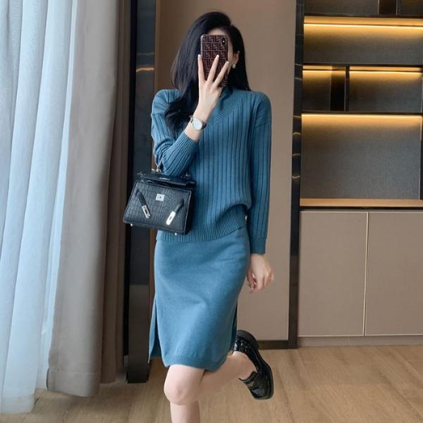 レディースニットセットアップ 3色展開 トップス+袖無しワンピース 2点セット  カジュアル系 春秋...