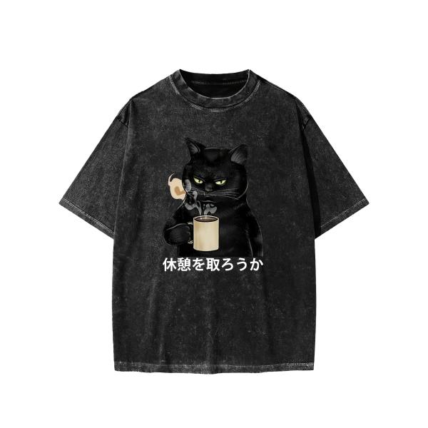 【メンズ】ヴィンテージウォッシュコットンTシャツ ブラック 半袖 ルーズフィット Y2Kグラフィック...