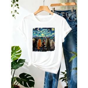 星月夜ゴッホ名画ネコ集合イラスト半袖 Tシャツ 白綿 100% ユニセックス アートグッズ 絵画柄 猫好き シンプルカジュアル 部屋着 通学 芸術好きプレゼント
