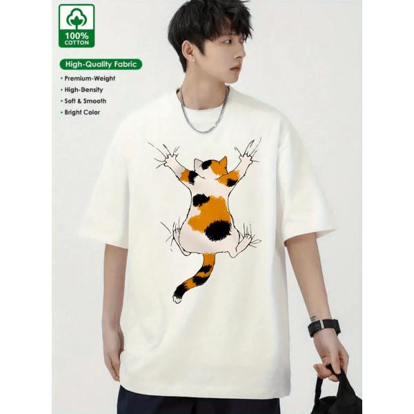 ユニセックス 三毛猫イラストTシャツ 手足を伸ばした漫画スタイル 半袖 ラウンドネック コットン カ...