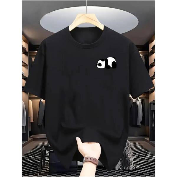 100%綿 メンズ アニメパンダプリントTシャツ 丸首 半袖 ニット生地 レギュラーフィット 日常 ...