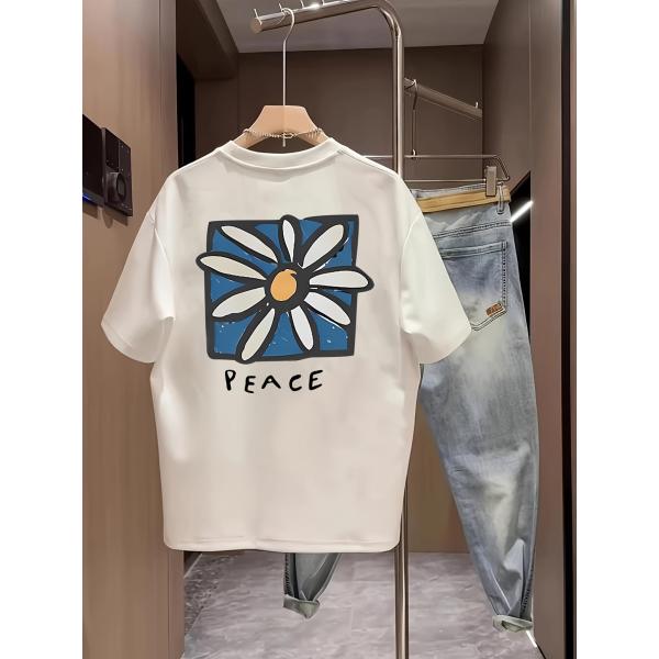 メンズ ブルー花柄×ブラックデイジーTシャツ ホワイト 半袖 ラウンドネック ルーズフィット ボヘミ...