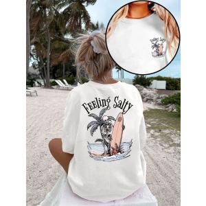 レディース ゆったりTシャツ FEELING SALTY サーフスカルプリント 半袖 クルーネック 高弾性 洗濯機可 ビーチ S-3XL