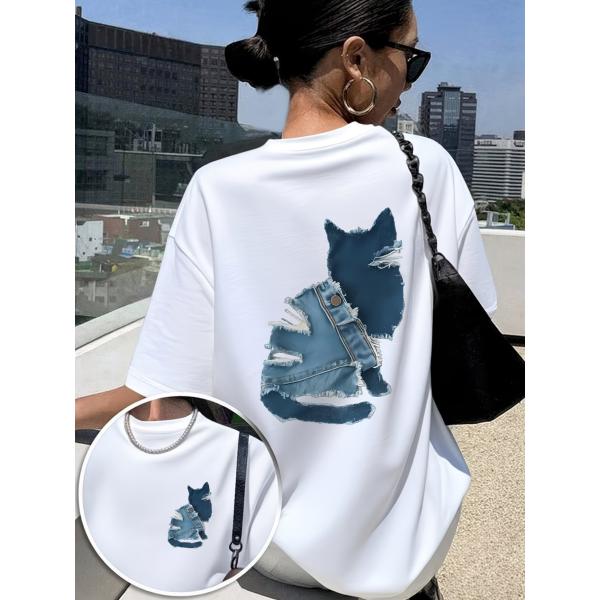 Tシャツ ユニセックス 猫 シルエット デニム風  ブルー 韓国/香港風 カジュアル カップルギフト...