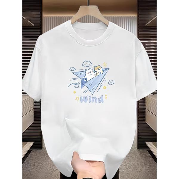 メンズ 100% Tシャツ 紙飛行機＆猫プリント  通気性 クルーネック 半袖 カジュアルシャツ 夏...