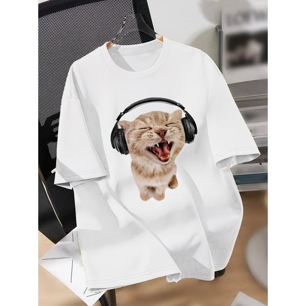 Tシャツ ユニセックス 猫 ヘッドホン グラフィック おしゃれ かわいい  半袖 クルーネック コッ...
