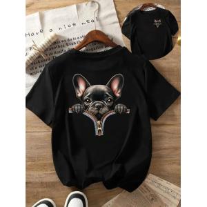 フレンチブルドッググラフィックTシャツ ブラック 半袖 カジュアル 光沢プリント オールシーズン ペット愛好家 パーティー 休日 日常着