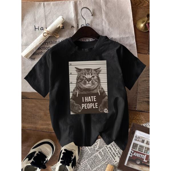 ファッション 猫の表情 カジュアル パーティー レディース ブラック Tシャツ | プリズンスタイル...
