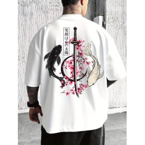 ユニセックス 日本刀と鯉Tシャツ 桜 漢字デザイン 伝統 ストリート 半袖 ラウンドネック カジュアル 光沢仕上げ 洗濯機可 S-3XL