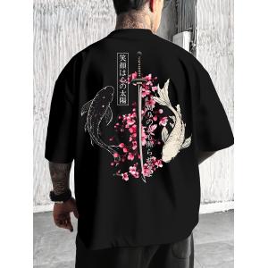 ユニセックス 日本刀と鯉Tシャツ 桜 漢字デザ...の詳細画像1
