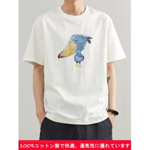 メンズ ハシビロコウTシャツ 半袖 ラウンドネック ルーズフィット デジタル熱転写 カジュアル S-3XL