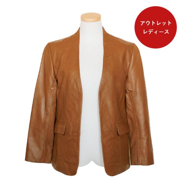本革 ノーカラー テーラードジャケット レディース Sサイズ コニャック アウトレット 訳あり 交換...