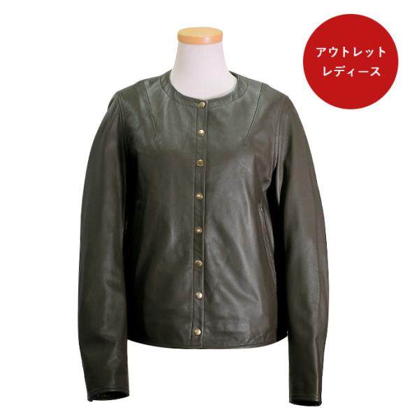 本革 ノーカラージャケット レディース Sサイズ オリーブ アウトレット 訳あり 返品交換不可 OL...
