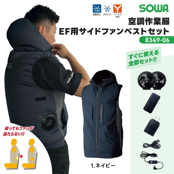 SOWA 空調作業服ファンバッテリーセット 8349-06 ネイビー 横付サイドファン仕様 遮熱効果...