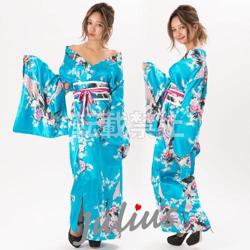 花魁 ガウンタイプ  サテン地 着物ロングドレス 花柄 孔雀 ブルー ac796        江戸...