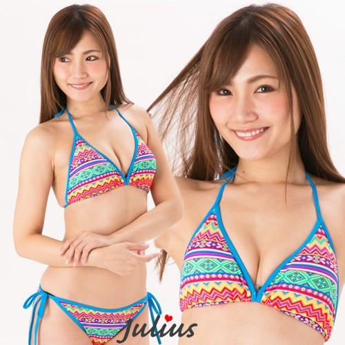 三角ビキニ  エスニック柄 (胸パット入)フルバック ブルーステッチ【水泳 ラッシュガード  トップ...