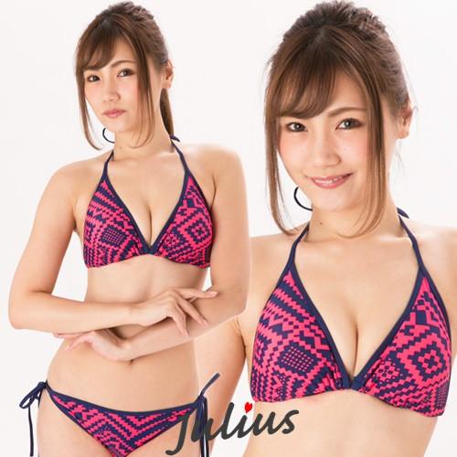 幾何学 模様 三角ビキニ(胸パット入) フルバック 水着 ネイビーｘオレンジ系【スイムウェア ブラジ...