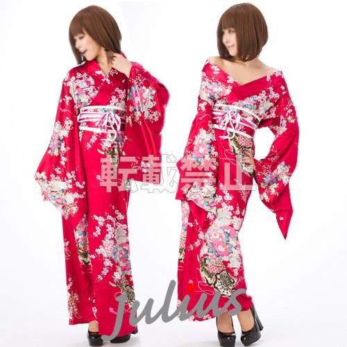 花魁  和柄 サテン地 着物 ロングドレス  エンジ 濃赤 gc59     コスプレ よさこい 衣...