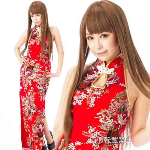 和柄 ホルターネック チャイナドレス ロングドレス 大胆 スリット mc71      ナイトドレス...