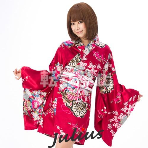 和柄 着物ドレス ワンピース 花魁 エンジ 濃赤 帯付き セット ガウンタイプ pc91      ...