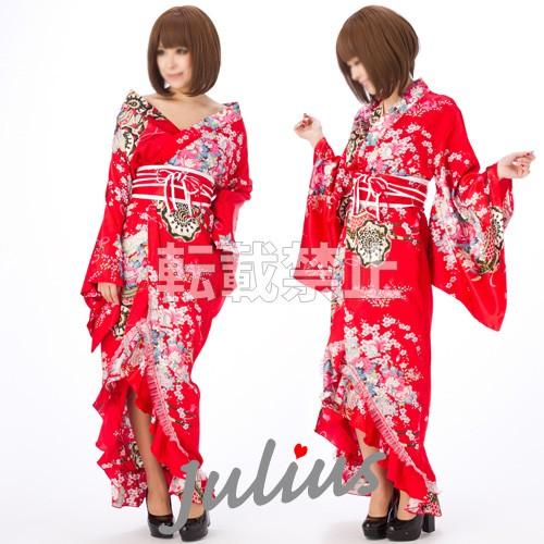 花魁系 サテン地 裾フリル  着物ロングドレス  赤 qc07        よさこい 江戸 花魁道...