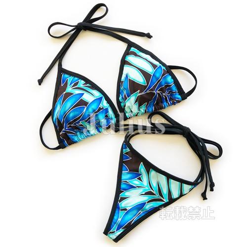 ハワイアン モンステラ柄 Ｔバック ビーチビキニ 胸パット入 水着 ブルー系      Ｇストリング...