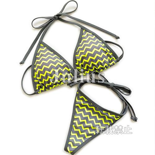 ジグザグ ネオンカラー Ｔバック 三角ビキニ 胸パット入 水着 グレー   スイムウェア 見せブラ ...
