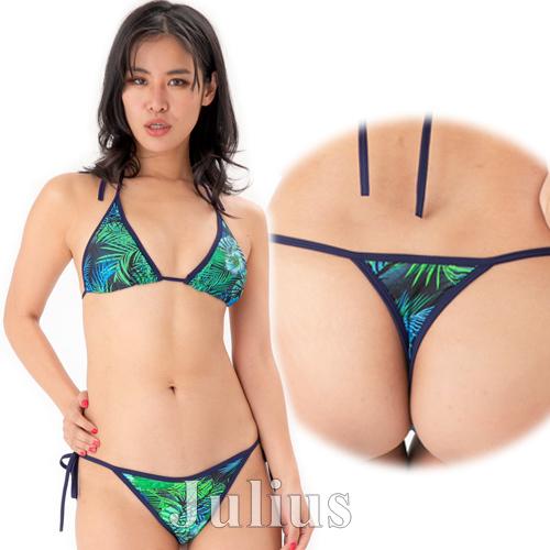 Ｔバック ビキニ 胸パット入 水着 モンステラ ハワイアン柄 ネイビー グリーン     レディース...