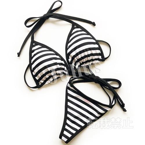 ボーダー Ｔバック 三角ビキニ 胸パット入 水着/黒ｘ白　　　海パン ワイヤー スイムウェア 紐パン...